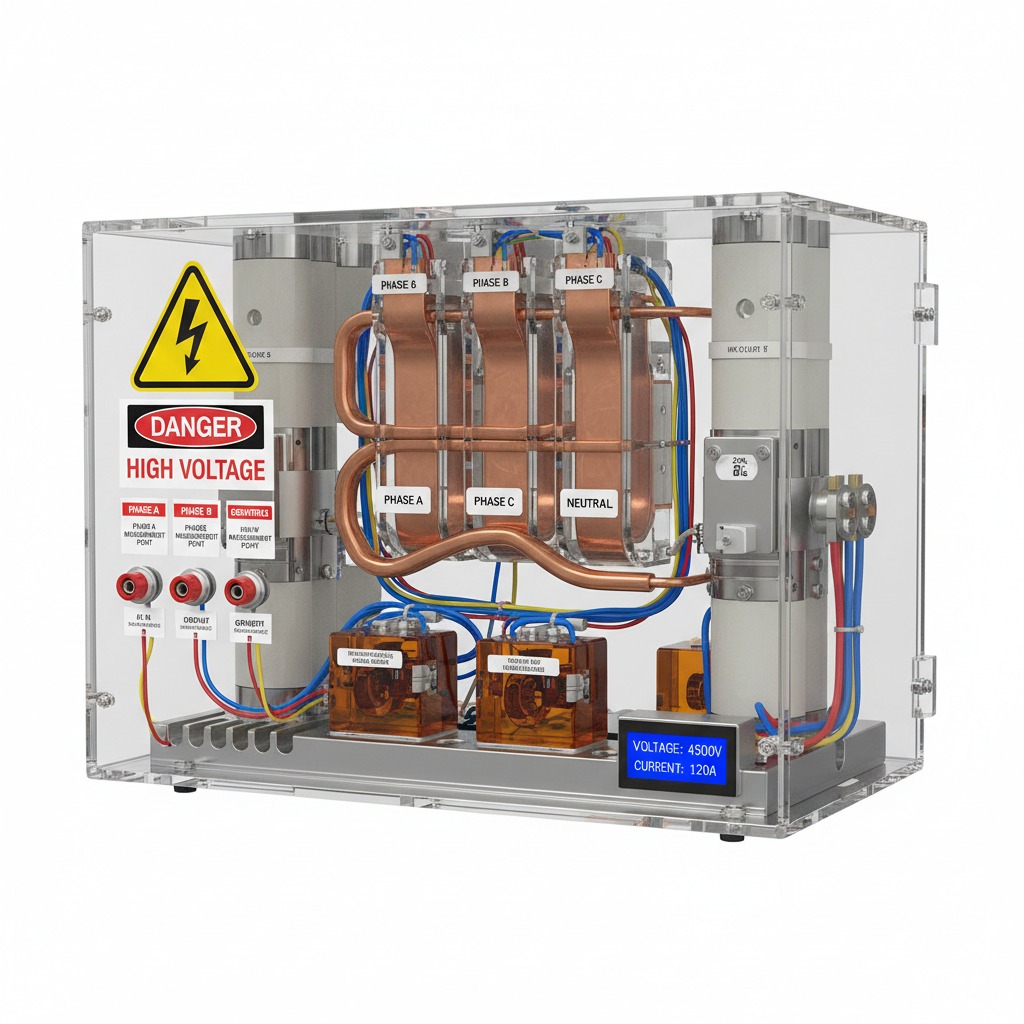 A clear acrylic enclosure houses an electrical training apparatus featuring copper busbars, transformers, colored wiring, and a digital readout displaying voltage and current.