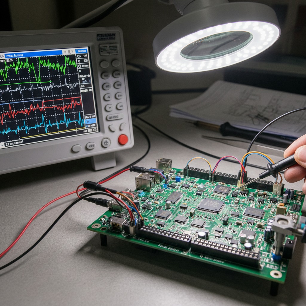 A technician tests a circuit board with a probe while an oscilloscope displays signal graphs in the background.